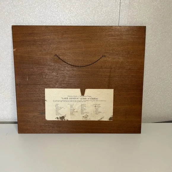 Vintage "Lake Geneva" Castle of Chillon Handmade Marquetry Inlaid Wood Picture - Picture 3 of 6